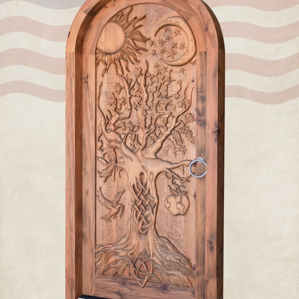 Porta Sun Moon dell'Albero della Vita intagliato a mano / Porta d'ingresso / Porte antiche / Porte esterne interne in legno su misura / Porta girevole / Decorazione della parete