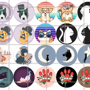 May include: A collection of round graphic designs featuring various animals. Designs include a dog with a top hat, a cat with sunglasses, a corgi at the beach, and a black and white cat silhouette. Some designs include text.