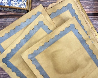 Coffee Dyed Certificate Papers: Blue Border Junk Journal Ephemera