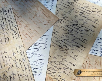 May include: A close-up of several pieces of old, aged paper with handwritten text in black ink. The paper is yellowed and worn, with some brown staining. The text is in a cursive script and is difficult to read. The image is titled "the inky fingers society" and "ac pantelakis".