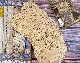 Napperons coeur en papier dentelle teinte café | 6 pièces | napperons de style vintage, fournitures de journal indésirable, éphémères, napperons en dentelle, napperons de journal indésirable