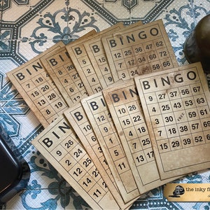 Vintage bingokaarten koffiegeverfde bingokaarten gemaakt van spaanplaat | Set van 10 | Voorraad ongewenste tijdschriften, kortstondige, scrapbooking, blanco dagboek