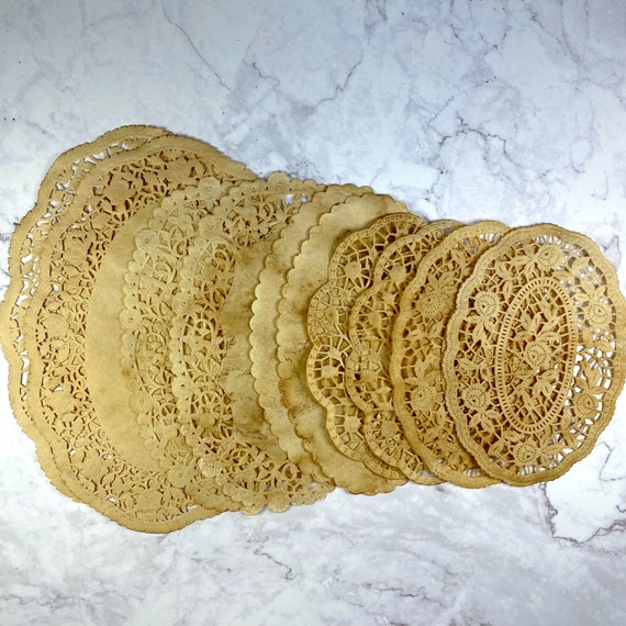 14 Coffee Stained Square Lace Paper Doilies, Variety Of Sizes & Patterns