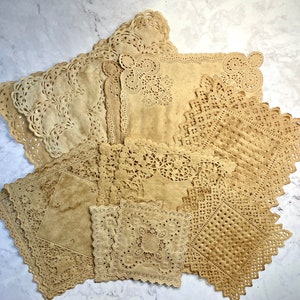 12 Coffee Stained Square Lace Paper Doilies Bundle | Variety Of Sizes & Patterns | Vintage Doilies, Junk Journal Supplies, Ephemera