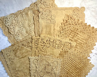 12 Coffee Stained Square Lace Paper Doilies Bundle | Variety Of Sizes & Patterns | Vintage Doilies, Junk Journal Supplies, Ephemera