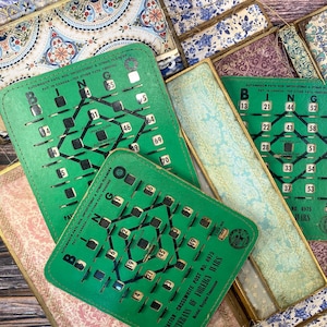Vintage rolluik voor bingokaarten met gestikte randen | Chartreuse-groen | Vintage kortstondig, rommeltijdschrift kortstondig, benodigdheden voor junkjournal
