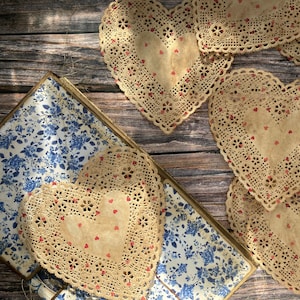 3 Valentine&#39;s Heart Printed Coffee Stained Lace Paper Doilies | Heart Shaped | Vintage Doilies, Junk Journal Supplies, Ephemera