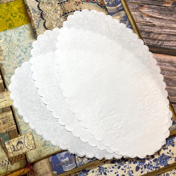 Vintage Doilies Rare Embossed Scallop Edge Paper Doily 1960s | 8 Inch Oval | Junk Journal Supply, Ephemera, Scrapbooking, Junk Journal Paper