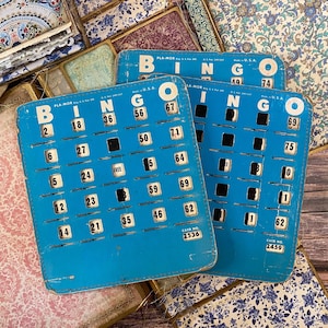Vintage rolluik voor bingokaarten met gestikte randen | Cyaanblauw | Groot | Vintage kortstondig, rommeltijdschrift kortstondig, benodigdheden voor junkjournal