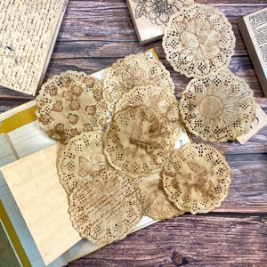 Paper Doilies Coffee Dyed Sepia Stamped Lace Junk Journal Doilies  | 10 Mini Doilies | Ephemera, Junk Journal Supplies, Scrapbooking