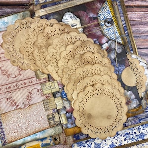 Coffee Stained Lace Paper Mini Doilies Bundle | 4" Round | 10 | Junk Journal Doilies, Junk Journal Supplies, Ephemera, Junk Journal Paper