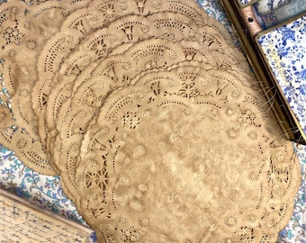 Pacote de guardanapos de papel rendado manchado de café | Redondo | 10 | guardanapos vintage, suprimentos para diários de sucata, itens efêmeros, envelopes, papel para diário de sucata