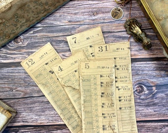 Coffee Dyed Time Cards Stamped Ephemera | 5 Pieces | Junk Journal Supply, Ephemera, Scrapbooking, Collage, Junk Journal Tags, Mixed Media