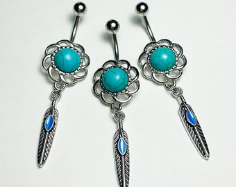 Western Turquoise Feather Dangle Belly Ring