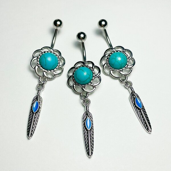 Western Turquoise Feather Dangle Belly Ring