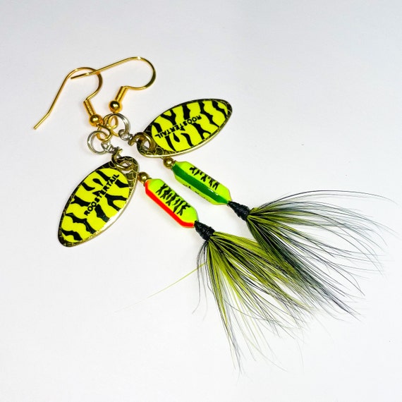 925 Sterling Silver Chartreuse Tiger Rooster Tail Fishing Lure