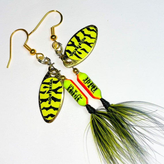 925 Sterling Silver Chartreuse Tiger Rooster Tail Fishing Lure Earring