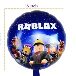 May include: A round, blue Roblox balloon, 18 inches in diameter, featuring Roblox characters and the Roblox logo. The background shows a starry sky and a planet. The balloon is designed for a birthday or party.