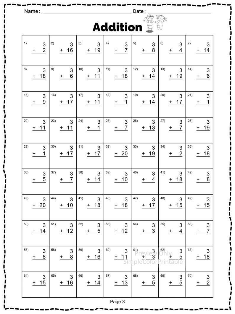 Addition Printable Math Worksheets 20 Printable Worksheets Etsy