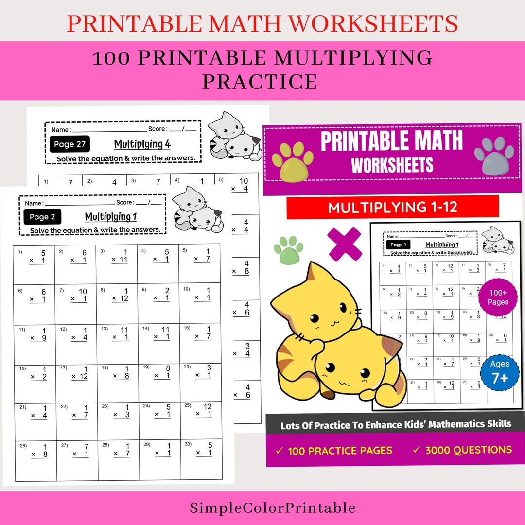Printable Math Worksheets 100 Printable Multiplying Practice - Etsy UK