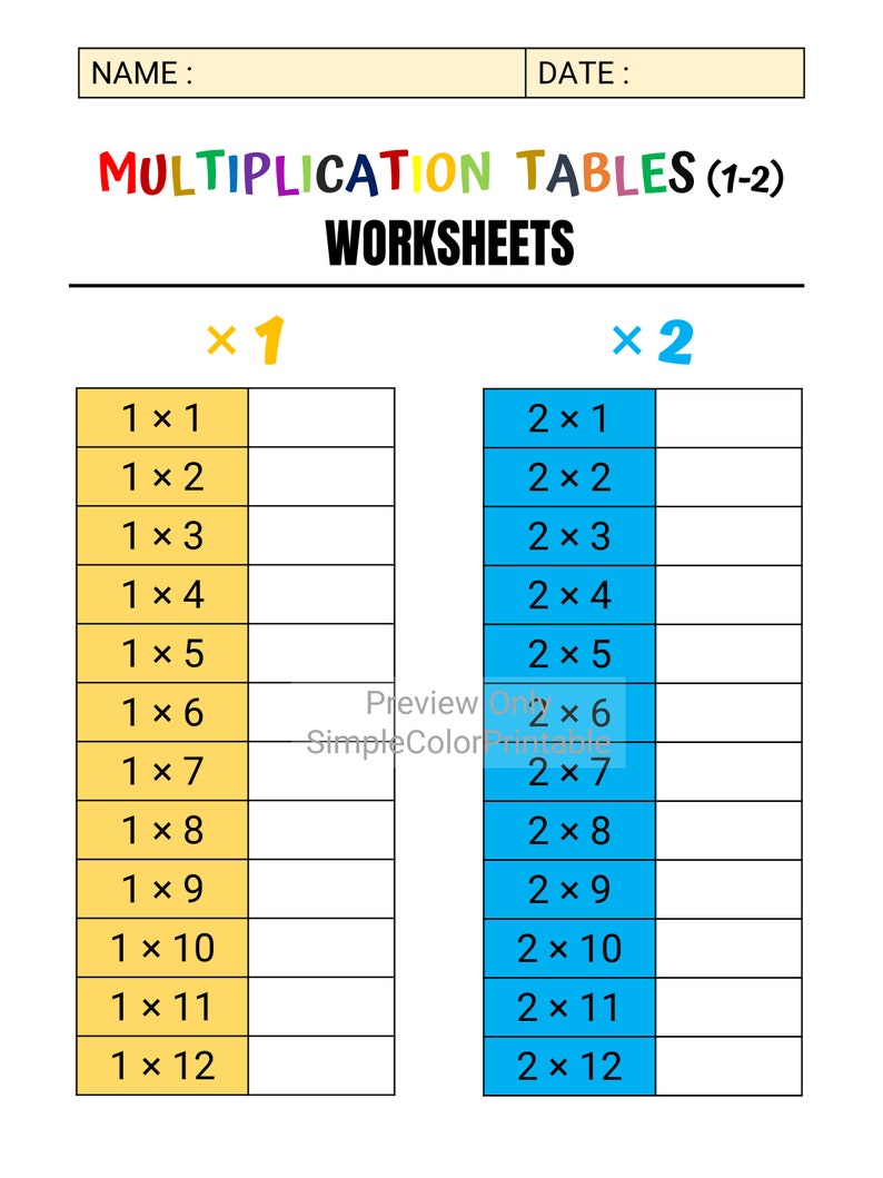 Multiplication tables printable 1 12 and math worksheets numbers chart
