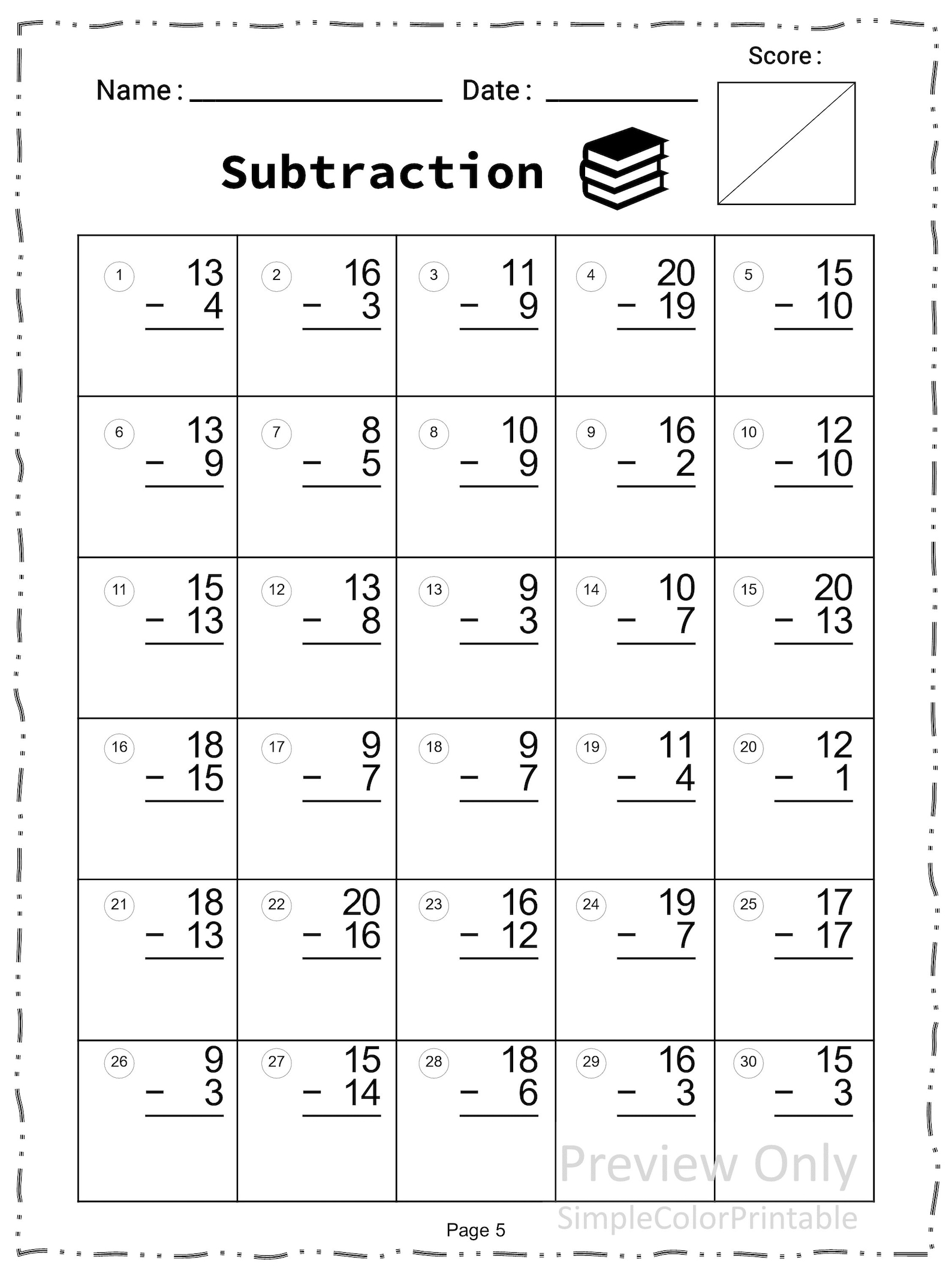 subtraction-worksheets-20-printable-worksheets-numbers-1-20-etsy