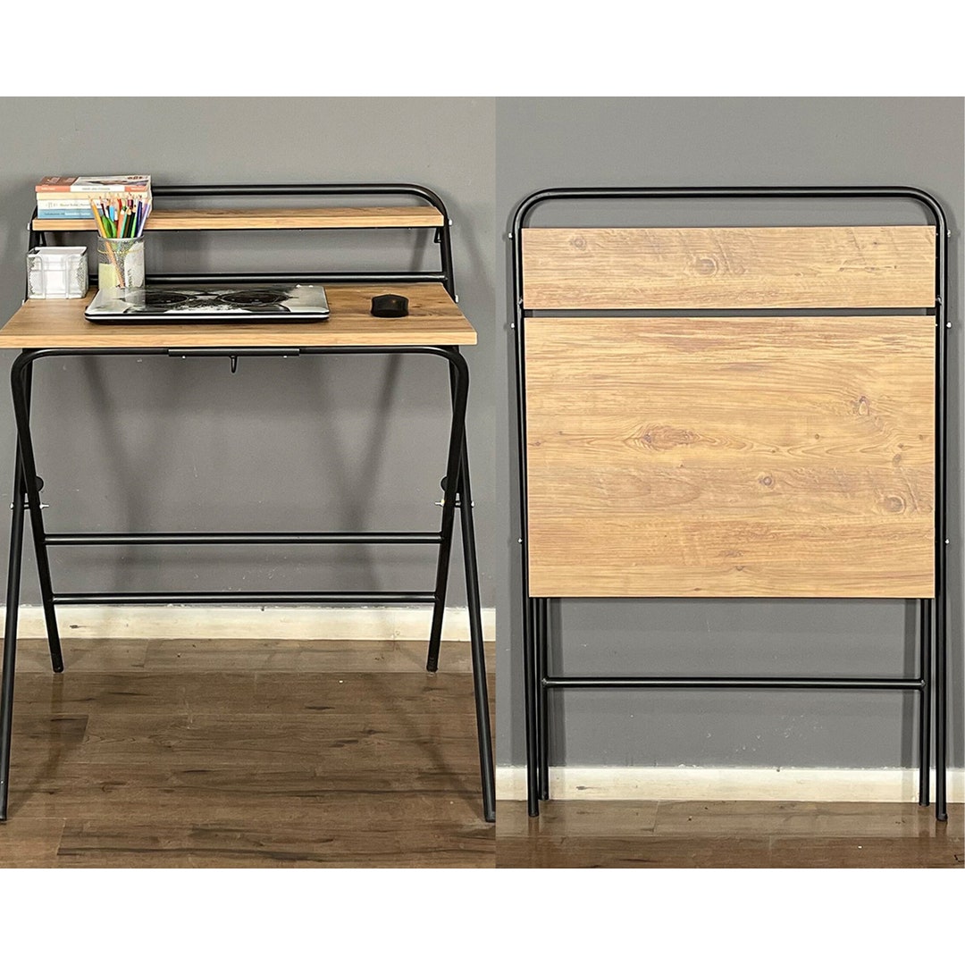 Space Saving Folding Laptop Desk With Shelf Metal Leg Wooden Etsy
