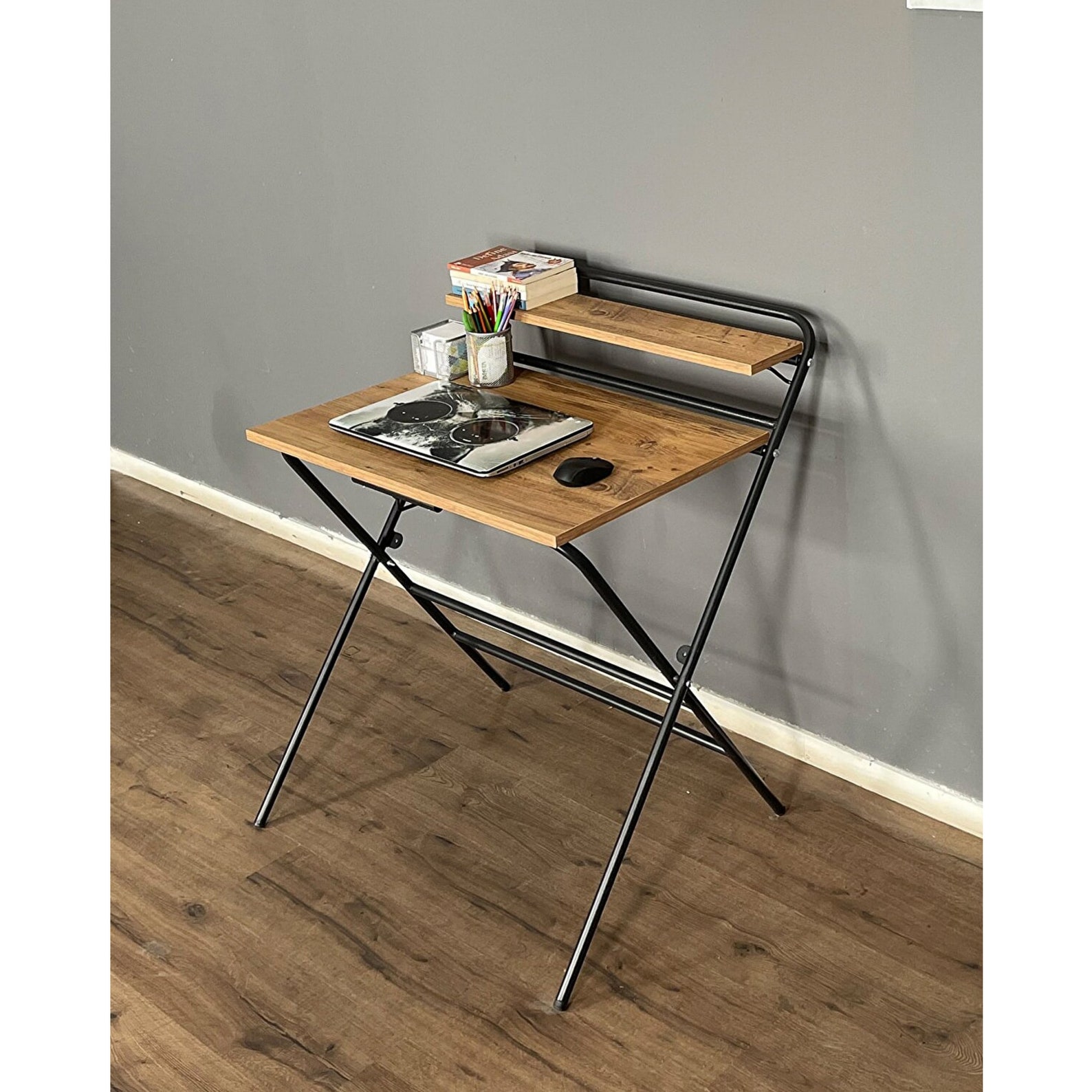 Space Saving Folding Laptop Desk With Shelf Metal Leg Wooden Etsy