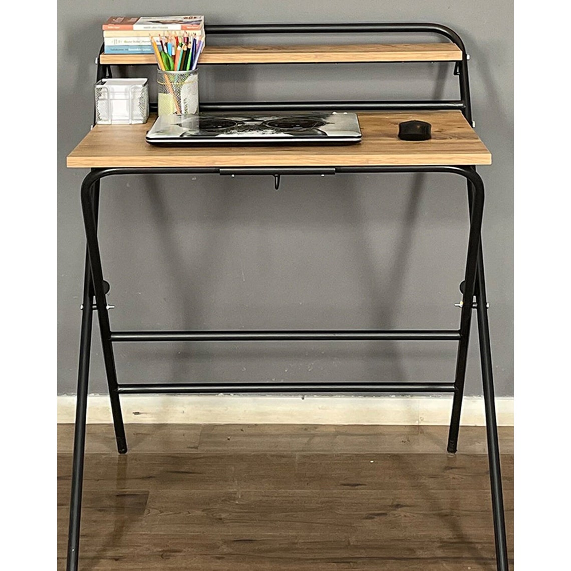 Space Saving Folding Laptop Desk With Shelf Metal Leg Wooden Etsy