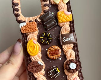 Custom Decoden Chocolate Phone Case, Handmade Whipped Cream Case For Iphone 15 16 17 Pro Max, Kawaii Charms, Samsung Galaxy, Google Pixel