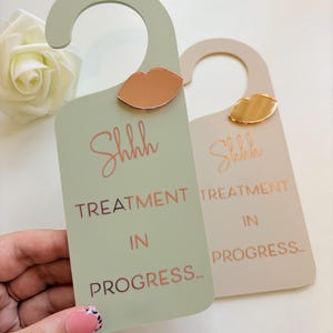 Peut inclure: Deux panneaux de porte, un vert clair et un beige, avec un dessus incurvé et un corps rectangulaire. Ils comportent tous deux un accent de lèvre métallique et les mots "Shhh TREATMENT IN PROGRESS..." en script or rose.