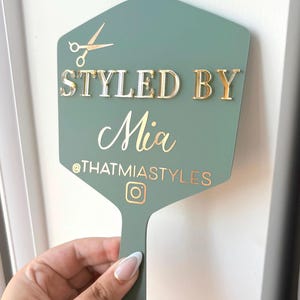 Custom Hairstylist “STYLED BY” Handheld Mirror, Hairdresser Face Shield, Branded Salon Mirror, Bridal Hairstylist Prop, Personalised Mirror