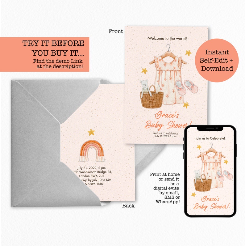 Hippie Baby Shower Invitation Template Boho Chic Rainbow Save Etsy