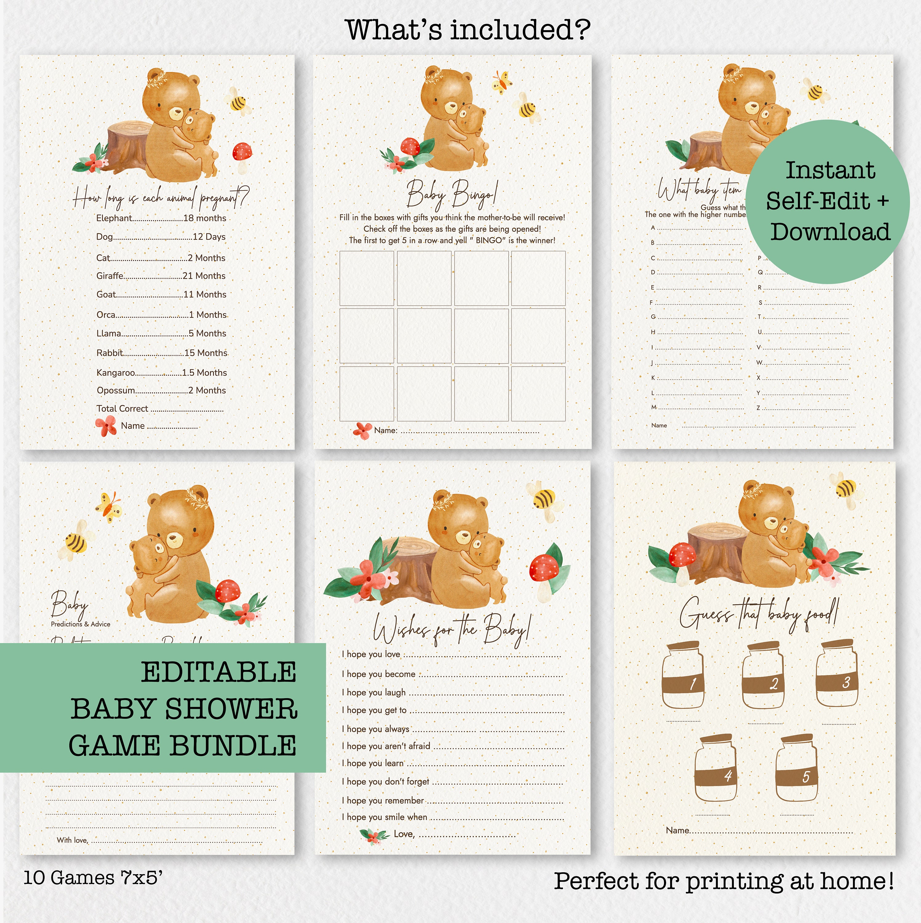 Teddy Bear Baby Shower Games Bundle, Winnie the Pooh Bingo