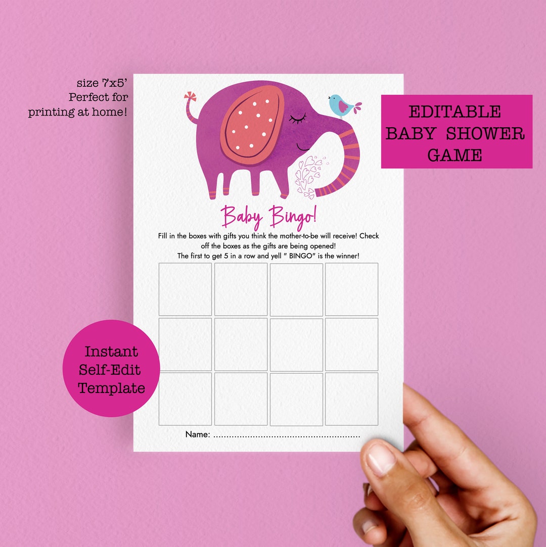 Baby Shower Bingo Elephant, Baby Shower Bingo Blank Template Game