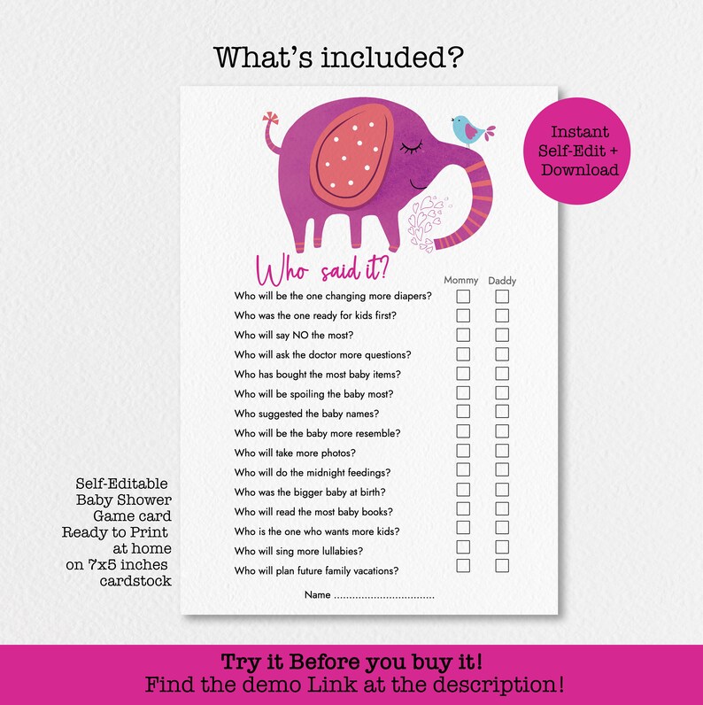 Mom and Dad Baby Shower Games Elephant Theme, Printable Baby Shower