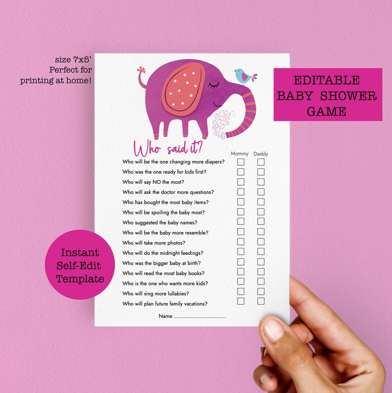 Mom and Dad Baby Shower Games Elephant Theme, Printable Baby Shower