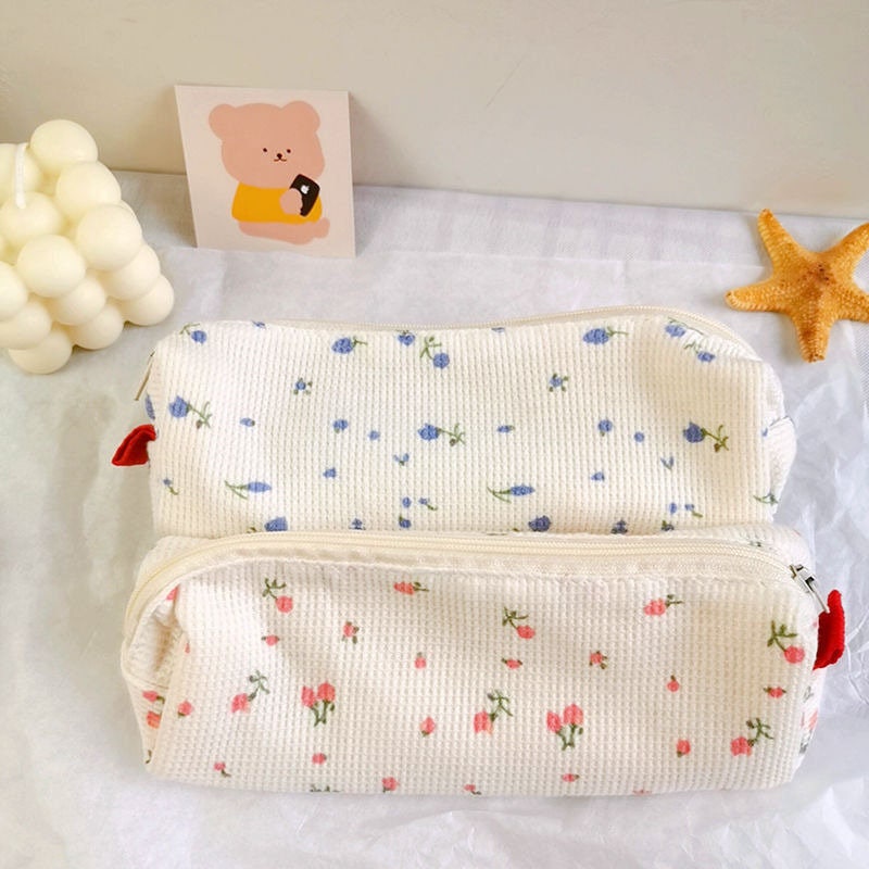 Girls Cute Floral Flowers Canvas Roll-Up Pencil Case Stationery Bag Pen Storage 