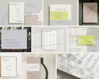 May include: Wedding invitation suite in a light grey and beige colour scheme. The invitation features the text "Harper & Oliver" and the date "July for the wedding of Harper & Oliver".
