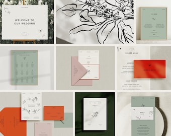 May include: A set of wedding stationery featuring a minimalist design with floral illustrations. The stationery includes a welcome sign, seating chart, dinner menu, and bar menu. The colour scheme is green, white, and red.