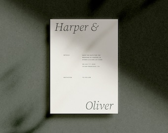 May include: Save the date card with a minimalist design. It features the names "Harper & Oliver" in a simple font and the text "Save the date for the wedding of Harper Lia Stone & Oliver Jay Chen on 17 July 2024 in San Francisco, CA. Invitation to follow."