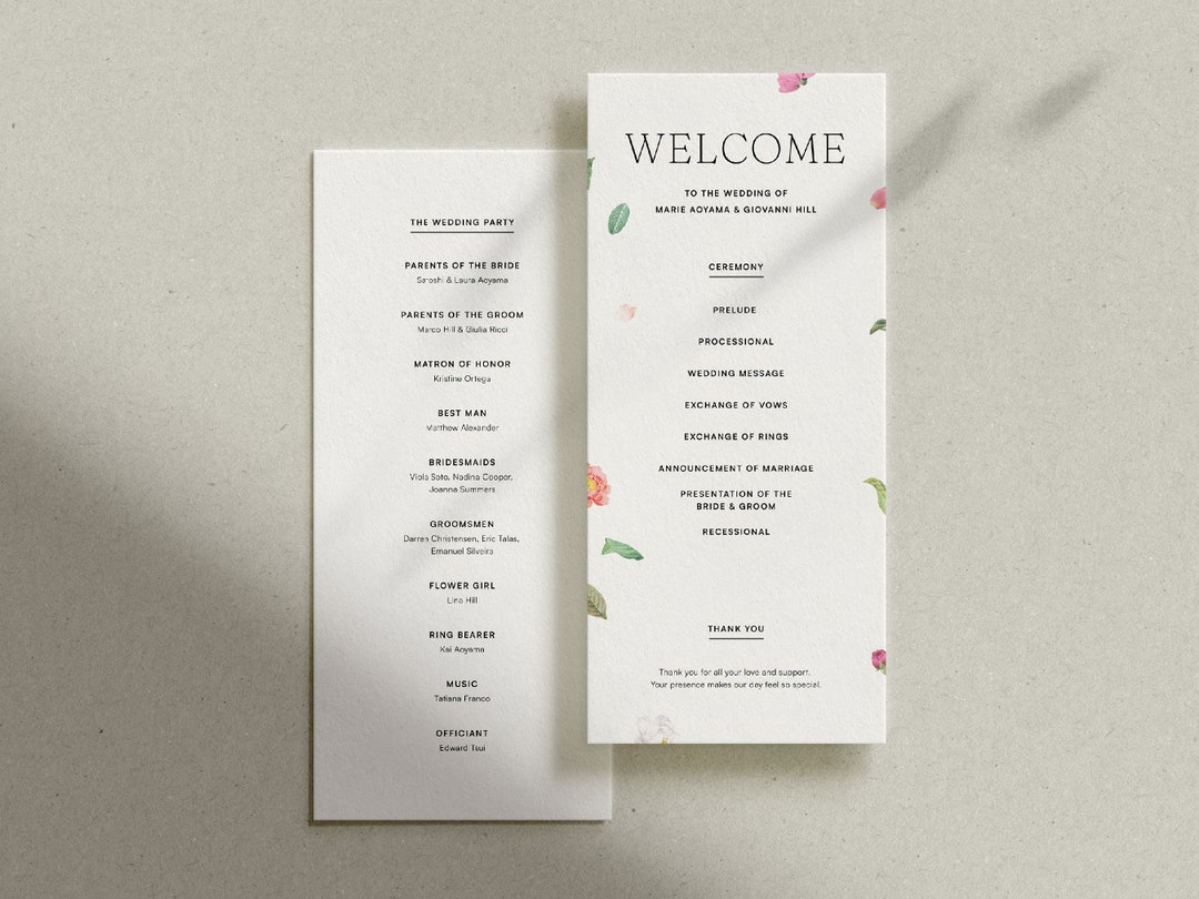 Modern Floral Wedding Program Template • Elegant Rose Design (digital ...