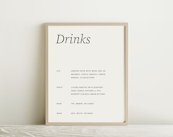 May include: A framed print with the word "Drinks" at the top and a list of drink options for "His", "Her's", "Beer", and "Wine".