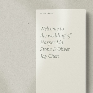 Puede incluir: Una tarjeta de anuncio de boda con el texto "Welcome to the wedding of Harper Lia Stone & Oliver Jay Chen 07.17.2024"
