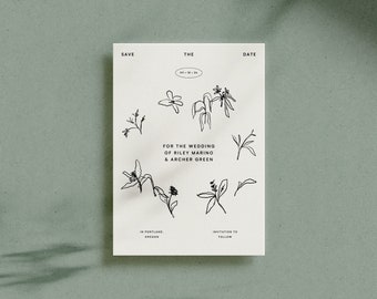 GARDEN  Hand-Drawn Save The Date Template • modern minimalist floral ink illustration, wedding digital download template