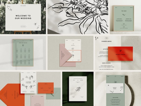 Hand-Drawn Floral Full Wedding Collection Templates, Modern and Minimalist Wedding, Digital Download (Garden)