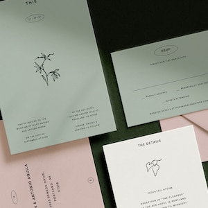 Puede incluir: Un conjunto de invitaciones de boda con un esquema de color verde claro y rosa. La invitación presenta una simple ilustración floral y el texto "Estás invitado a la boda de Riley Marino y Archer Green el 18 de septiembre a las 4 PM en The Ace Hotel 1000 Harvey Milk St. Portland, OR 97218. Cena, bebidas y baile después." La tarjeta RSVP tiene una línea para que los invitados indiquen si aceptan con gusto, declinan con pesar o son invitados que asistirán. Los detalles de la boda están disponibles en rileyandarcher-wed.com. La tarjeta de detalles presenta una simple ilustración de vid y el texto "Vestimenta de cóctel. Recepción en "The Cleaners" en The Ace Hotel en Portland hasta la medianoche."