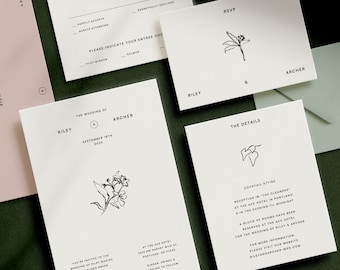 GARDEN  Minimalist Invitation Suite Template • Modern hand-drawn floral ink illustration, wedding digital download template