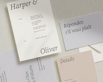 May include: A wedding invitation featuring the names Harper & Oliver, details for the wedding ceremony and reception, and RSVP information. The invitation is printed on white cardstock with black text. The RSVP card is light blue with black text.