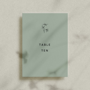 Puede incluir: Tarjeta de mesa rectangular verde pálido con las palabras "TABLE TEN" en negro, centradas. Una pequeña y delicada ilustración floral negra en la parte superior. La tarjeta está sobre una superficie beige claro texturizada.